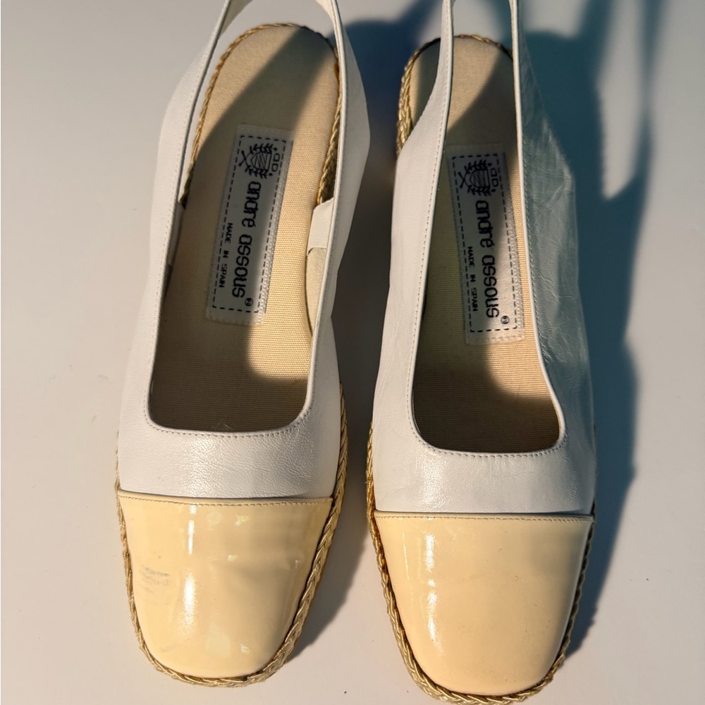 Andre Assous White and Cream Patent Toe Slingback Espadrilles